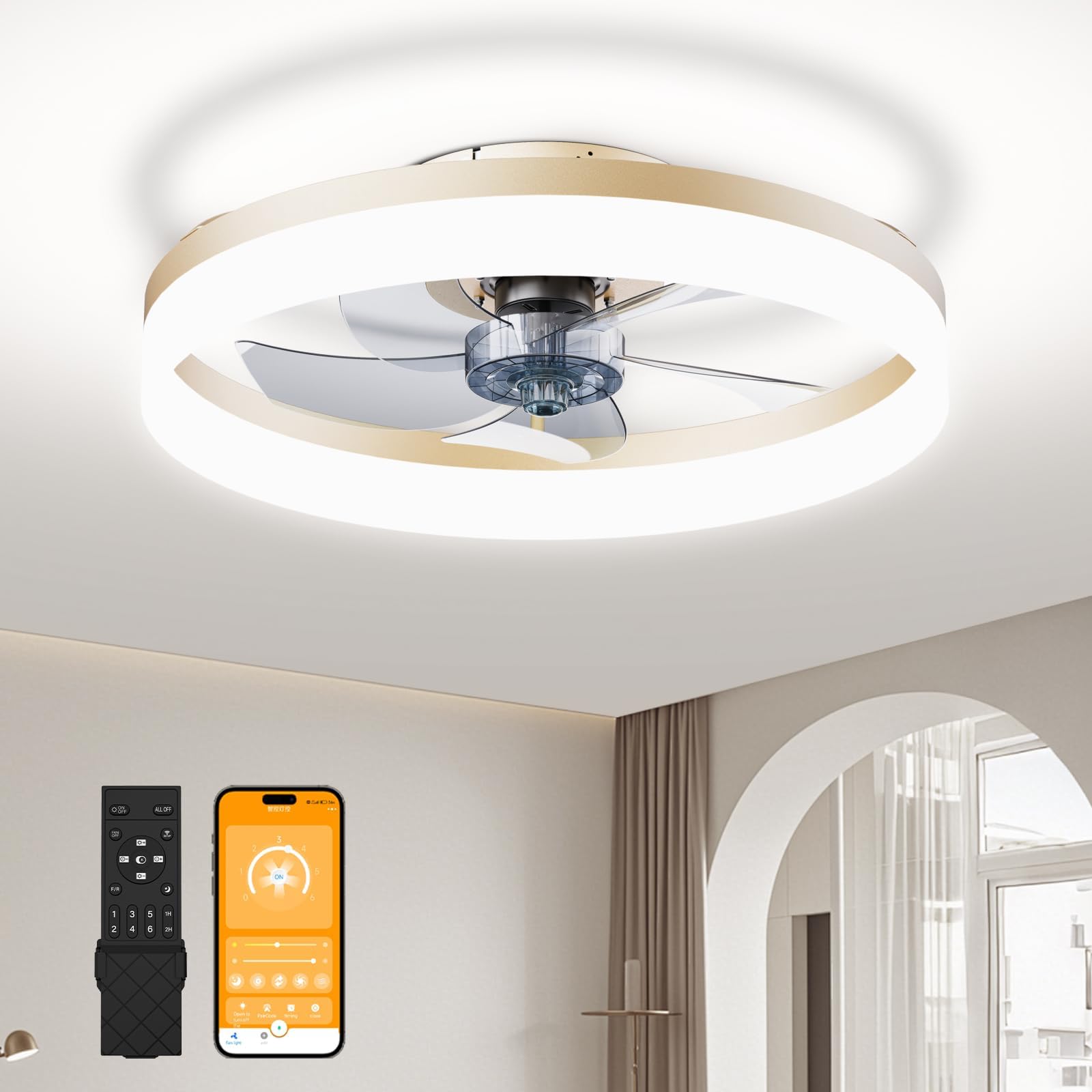 Gold 19.6" Modern Ceiling Fan with Light