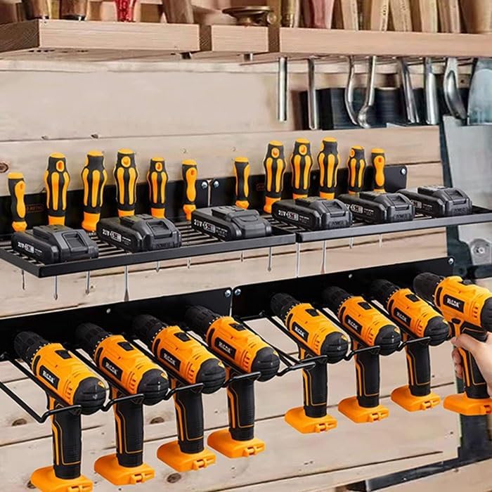 Heavy Duty Power Tool Organizer with Charging Station, Wall Mount Drill Holder & Garage Storage Shelves, Pegboard Tool Organizer Set for Efficient Tool Management