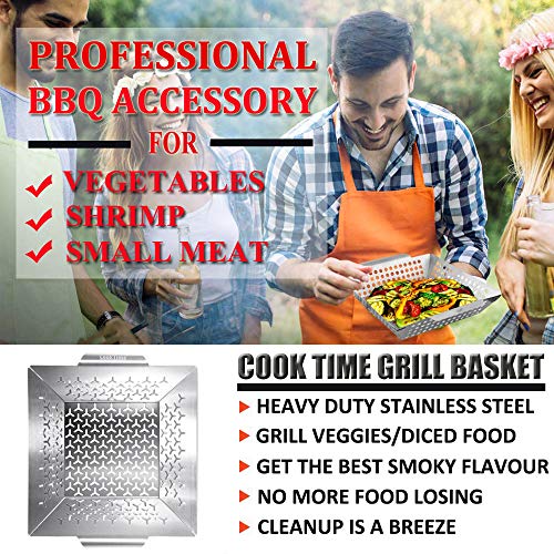 Cook Time BBQ Grill Vegetable Basket Stainless Steel Grilling Woks-Non Stick Large Veggie Barbecue Accessory for Outdoor Grill,Heavy Duty 1.5X Thicker,13.75X12X2.5inches