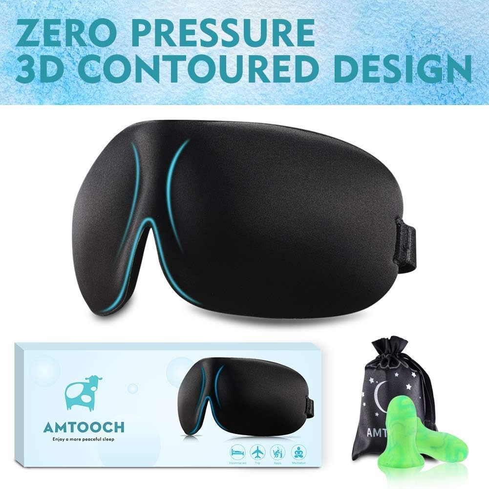 Higher Invisiable Nose Alar Upgrade AMTOOCH Sleep Mask 3D Contoured Soft Eye Masks Adjustable Strap Great for Travel, Shift Work, Nap, Meditation & Sleeping Aid (Black)