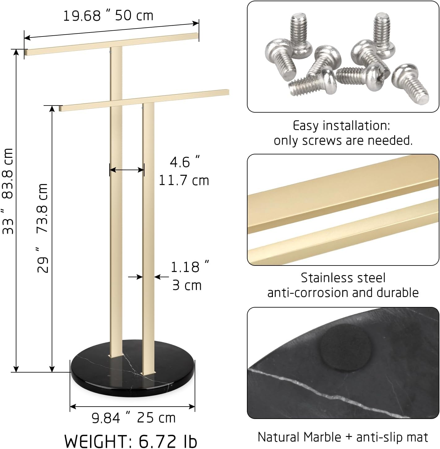 Standing Towel Rack with Black Marble Base, 2-Tier Towel Stand for Bathroom Floor, Upgrade Steady Design, T-Shaped Towel Drying Rack Gold, SUS304 Stainless Steel (Gold, Black Marble Base)