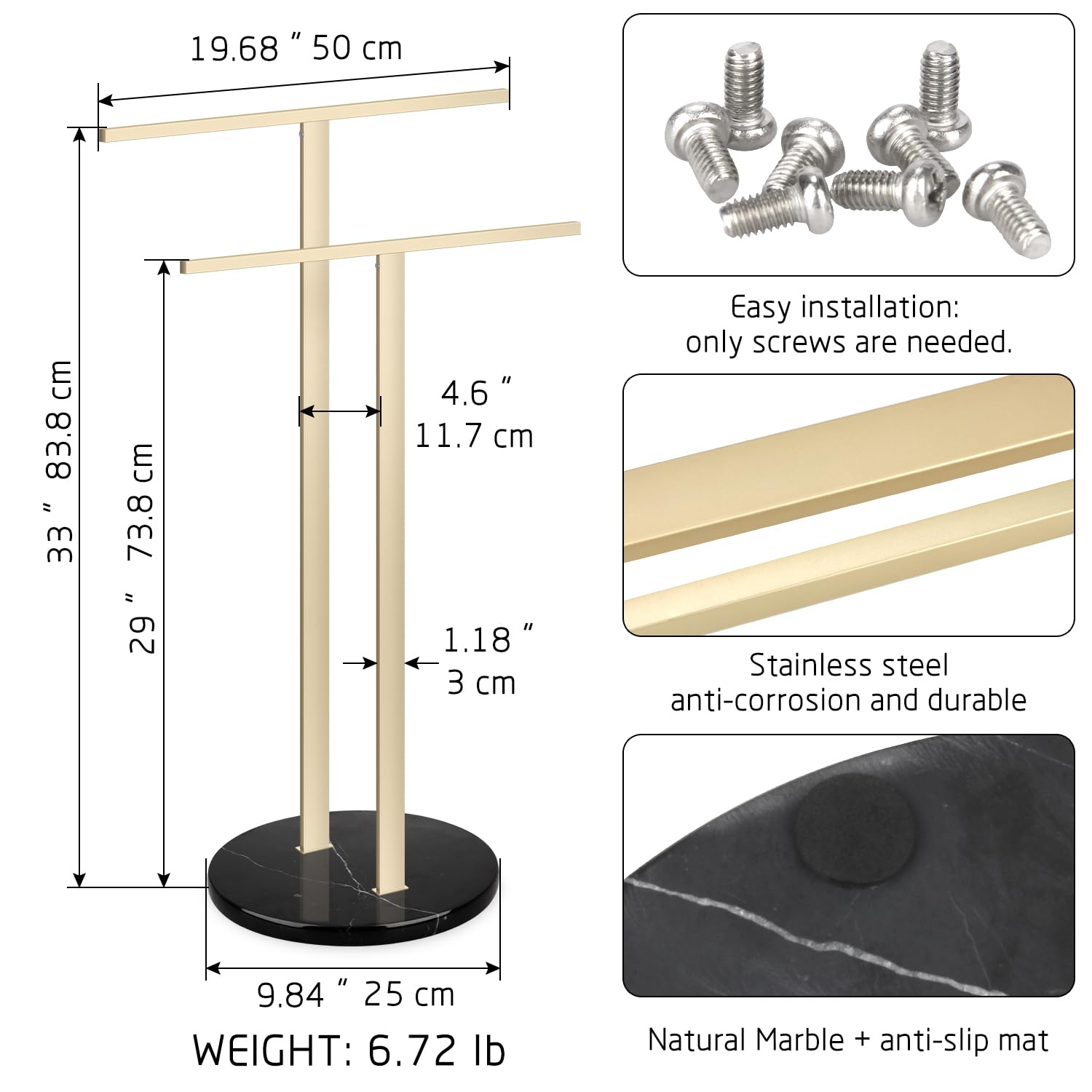 Porte Serviette Salle de Bain Support Serviette sur Pied 2 Barres avec Base Blanche Marbre Porte-Serviettes pour Plancher Sol Acier Inoxydable SUS304 en Forme de T (Or, Socle en Marbre Noir)