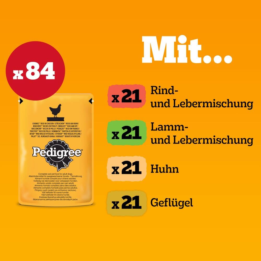 PEDIGREE Adult Multipack Gemischte Selektion in Gelee - Hundenassfutter im Portionsbeutel für erwachsene Hunde - 4 Varietäten - 84 x 100g