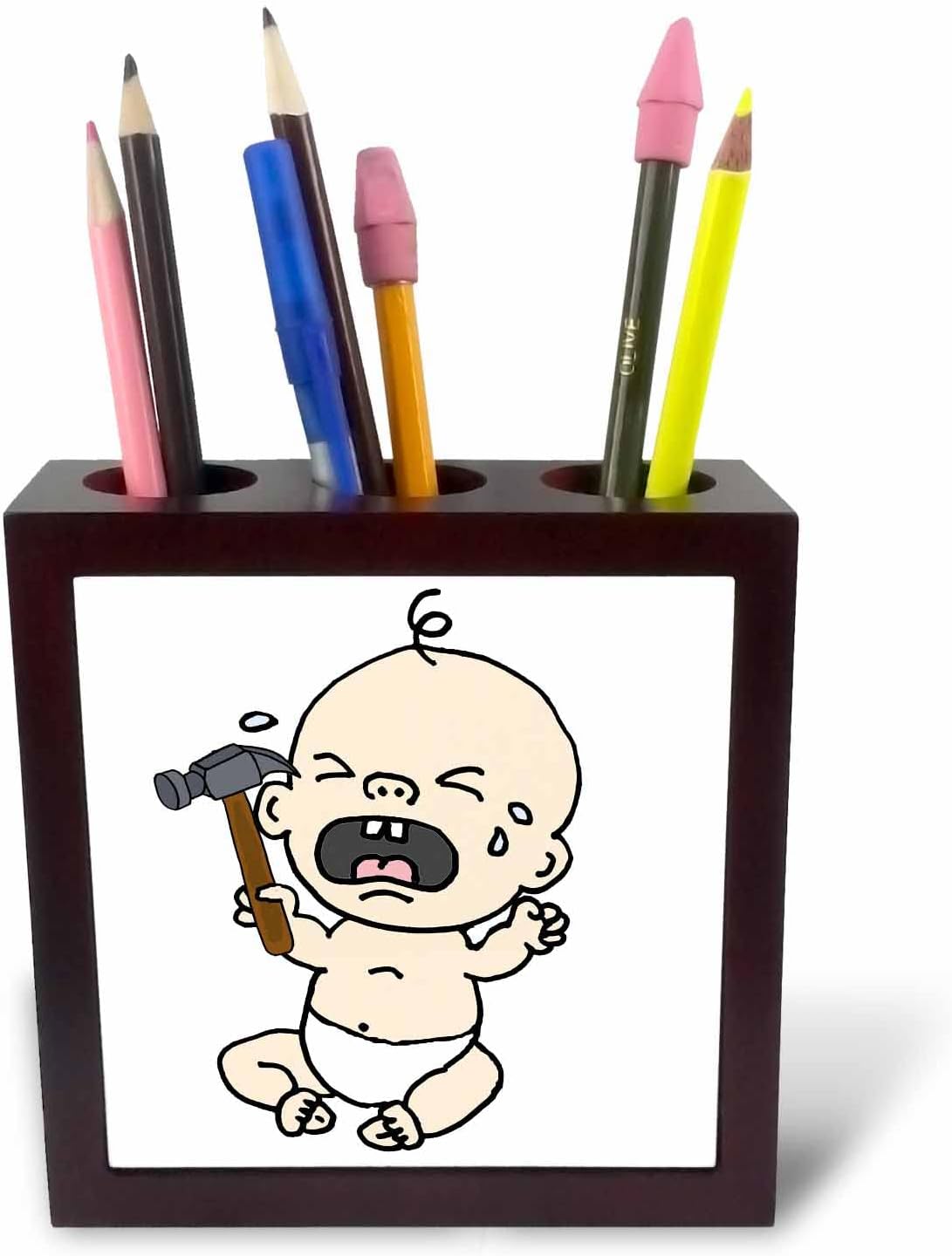 3dRose Funny Crying Baby with Hammer Carpenter Satire 5 inch tile pen holder