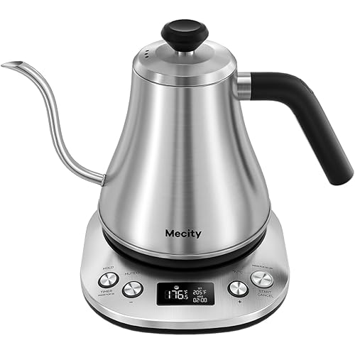 Mecity Electric Gooseneck Kettle With LCD Display Automatic Shut Off Retro Coffee Kettle Temperature Control Hot Water Boiler to Pour Over Tea, 1200 Watt Quick Heating Tea Pot, 0.8L, Stainless Steel