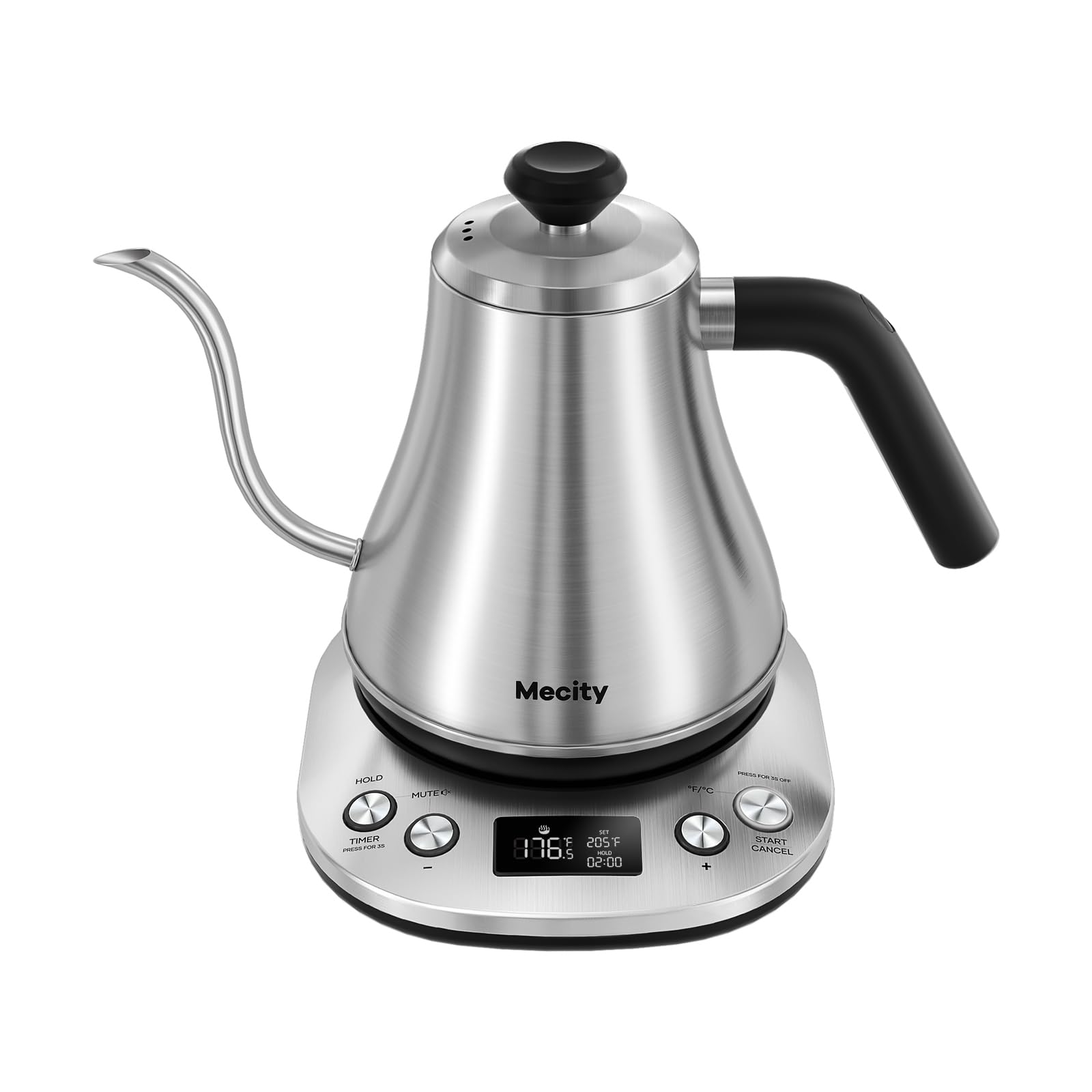 MecityElectric Gooseneck Kettle With LCD Display Automatic Shut Off Retro Coffee Kettle Temperature Control Hot Water Boiler to Pour Over Tea, 1200 Watt Quick Heating Tea Pot, 0.8L, Stainless Steel