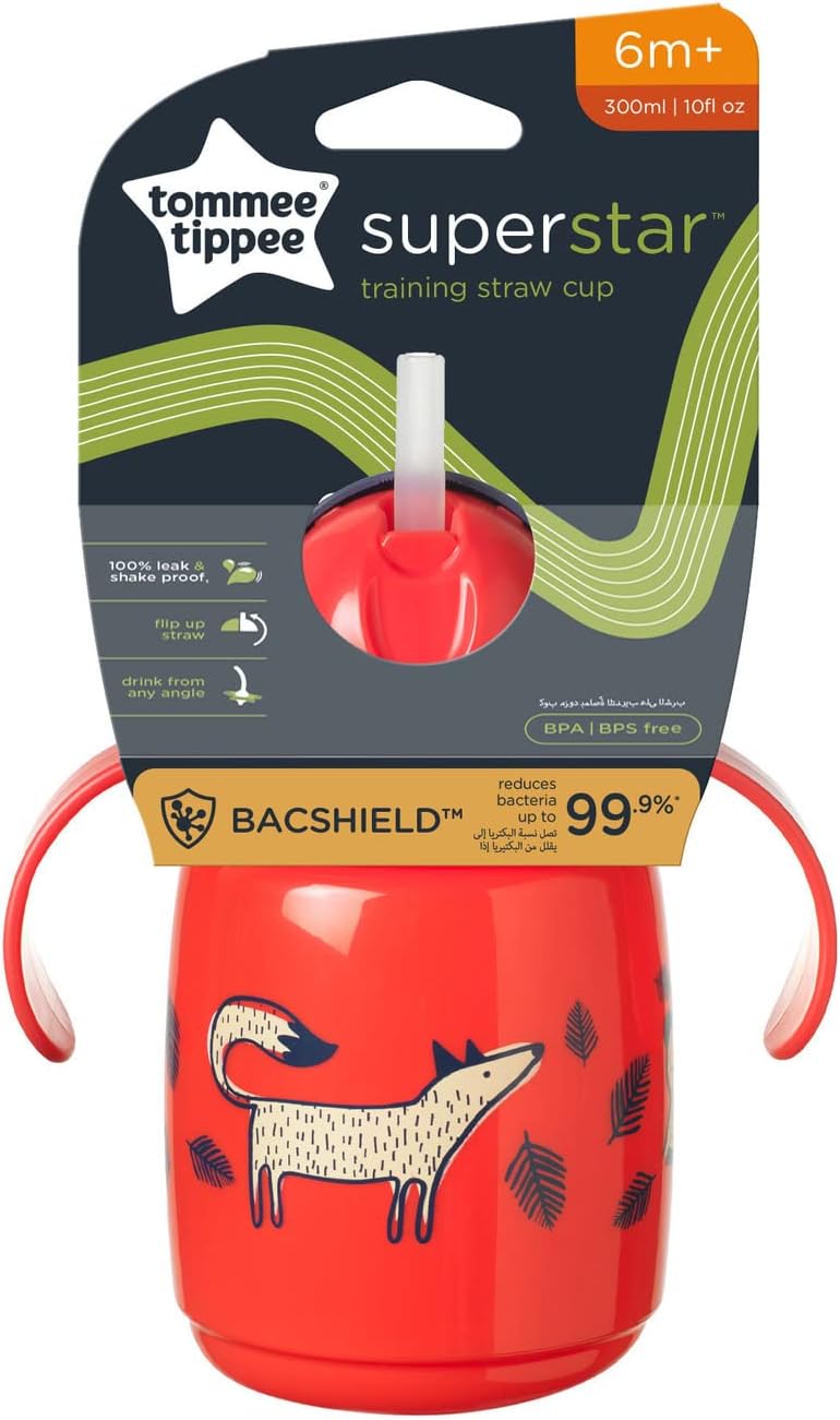 Superstar Weighted Straw Cup for Toddlers with INTELLIVALVE 100% Leak and Shake-Proof Technology and Hygienic BACSHIELD Antibacterial Technology, 6m+, 300ml, Pack of 1, Red
