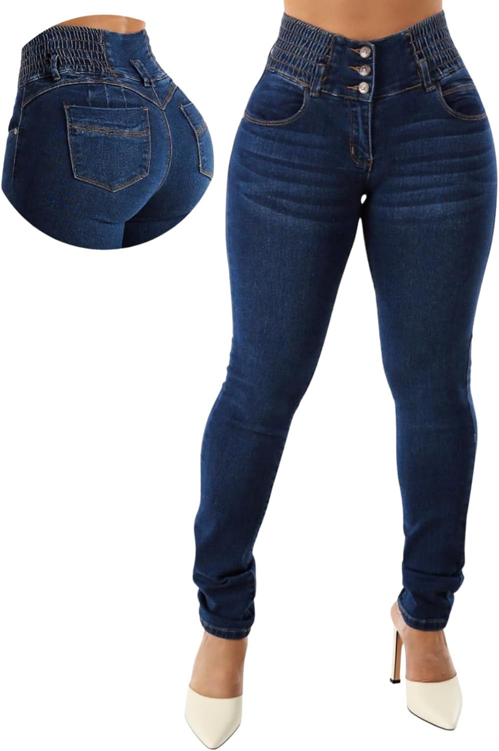 Butt Lifting Jeans High Elastic Waist Skinny Jeans Tummy Control Colombian Style Button Fly Stretchy Denim Pants