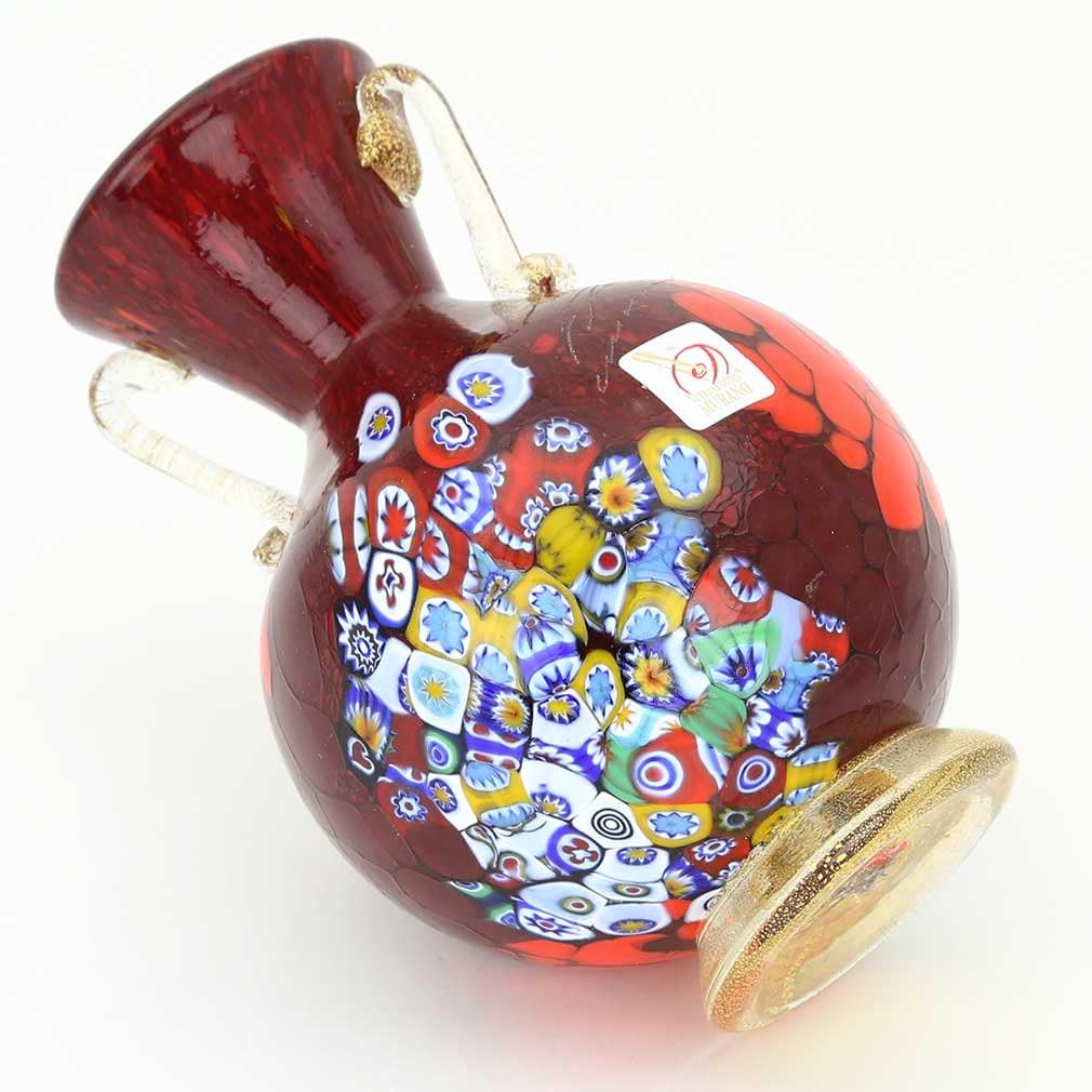 Glass Of Venice Murano Glass Millefiori Vase with Golden Handles - Red