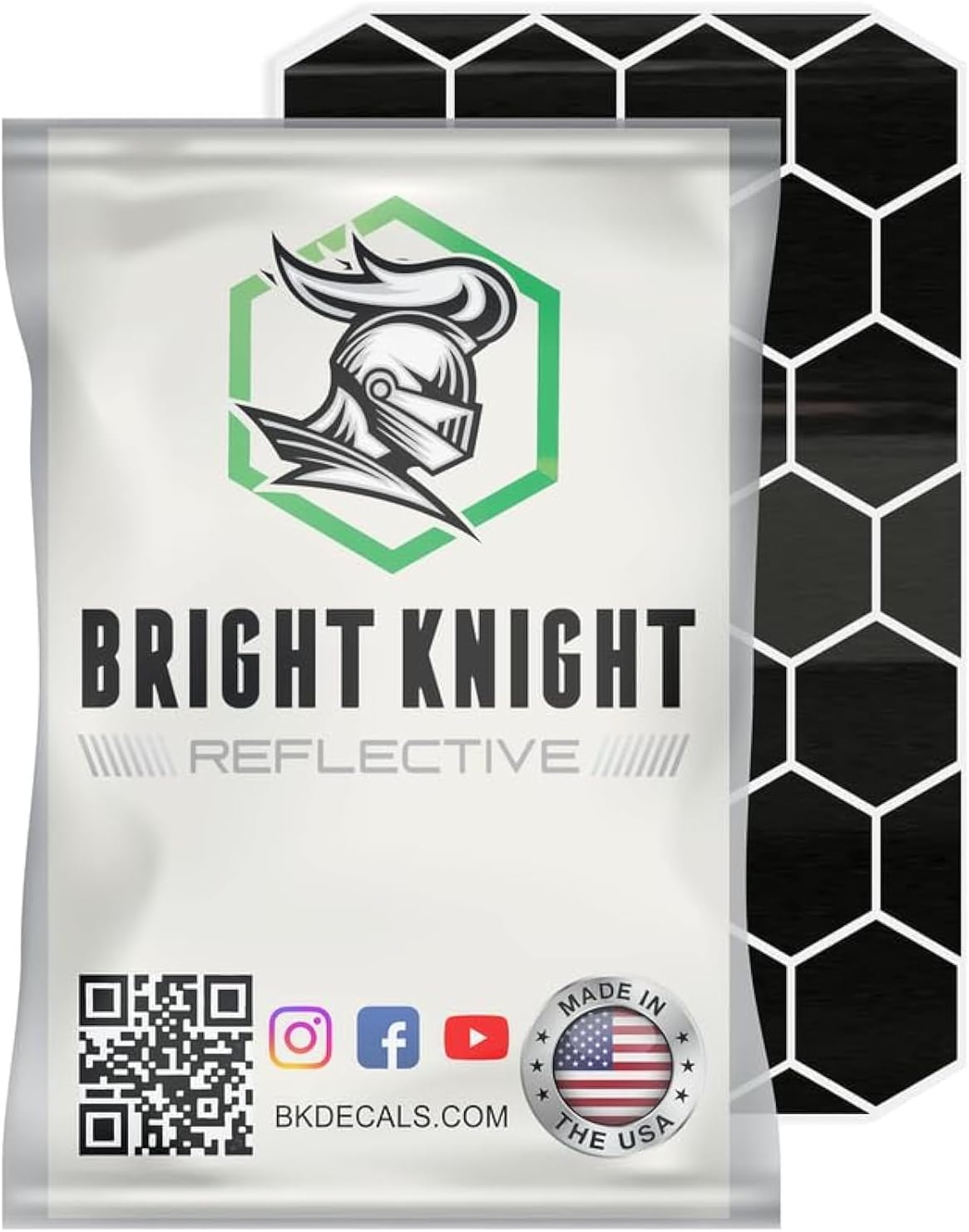 BRIGHT KNIGHT DECALS Hexagon Reflective Stickers for Helmet - White, Pack of 2, Motorcycle Helmet Stickers, 3M Waterproof Reflective Vinyl Tape for Hard Hats, Cars & Bike Decals for Night Visibility