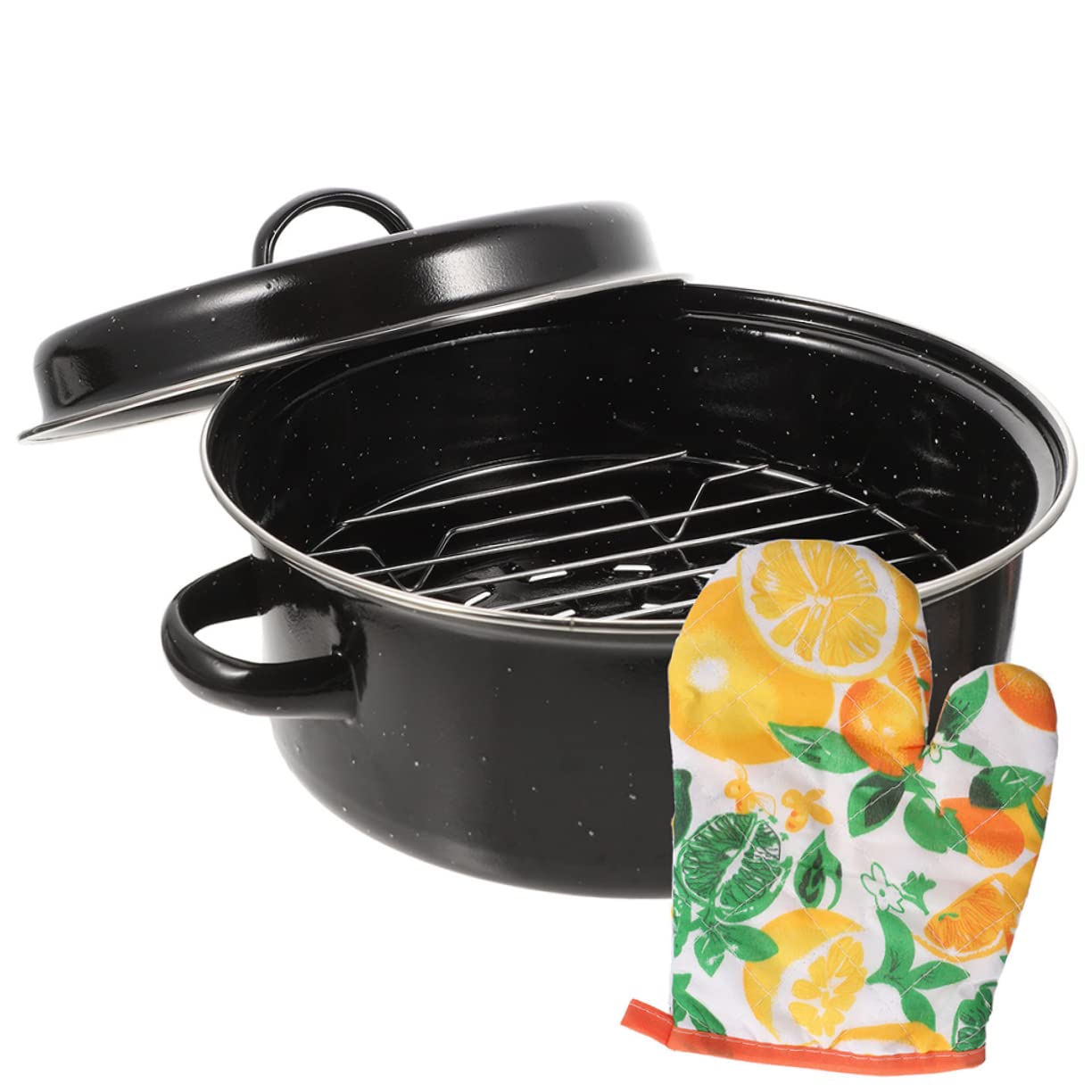 Teglia Multifunzione in Smalto Nero, Manici Ergonomici Doppi, Resistente alle Alte Temperature, per Castagne e Patate, Casa e Campeggio