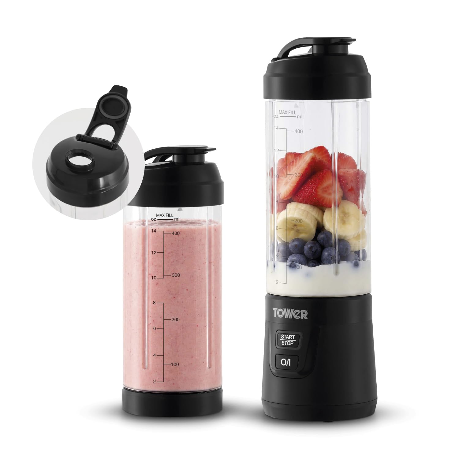 Tower Portable Rechargeable Blender | Stainless steel accessories, USB-C rechargeable, BPA-free bottle/jug, T120100