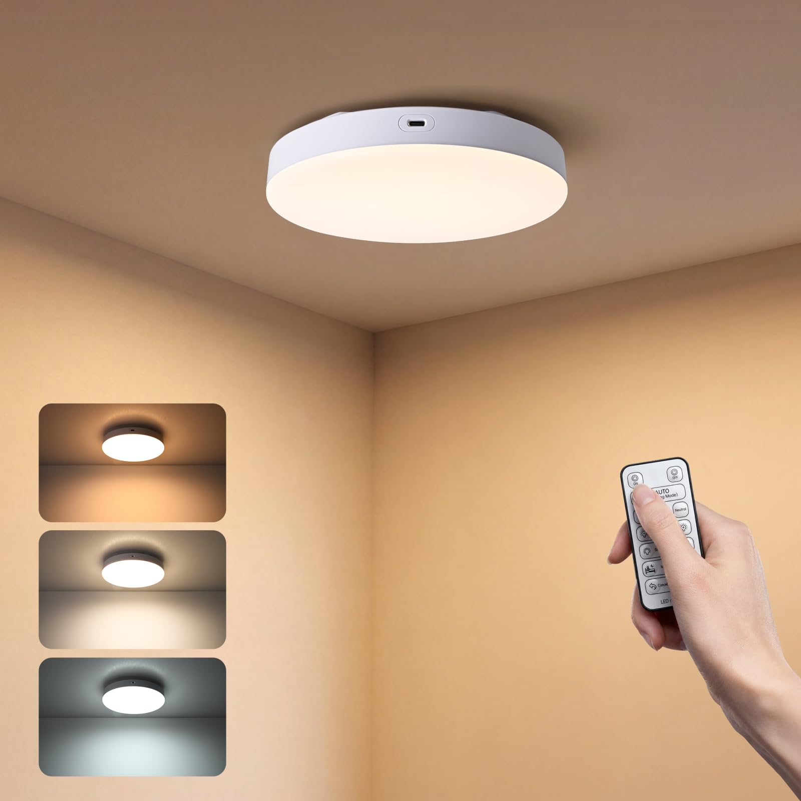 MERTTURM Motion Sensor Ceiling Light Indoor, Wireless Rechargeable LED Bathroom Ceiling Lights with Remote Control, 10000mAh Battery Operated Dimmable Wall Light for Bedroom/Closet/Kitchen/Hallway