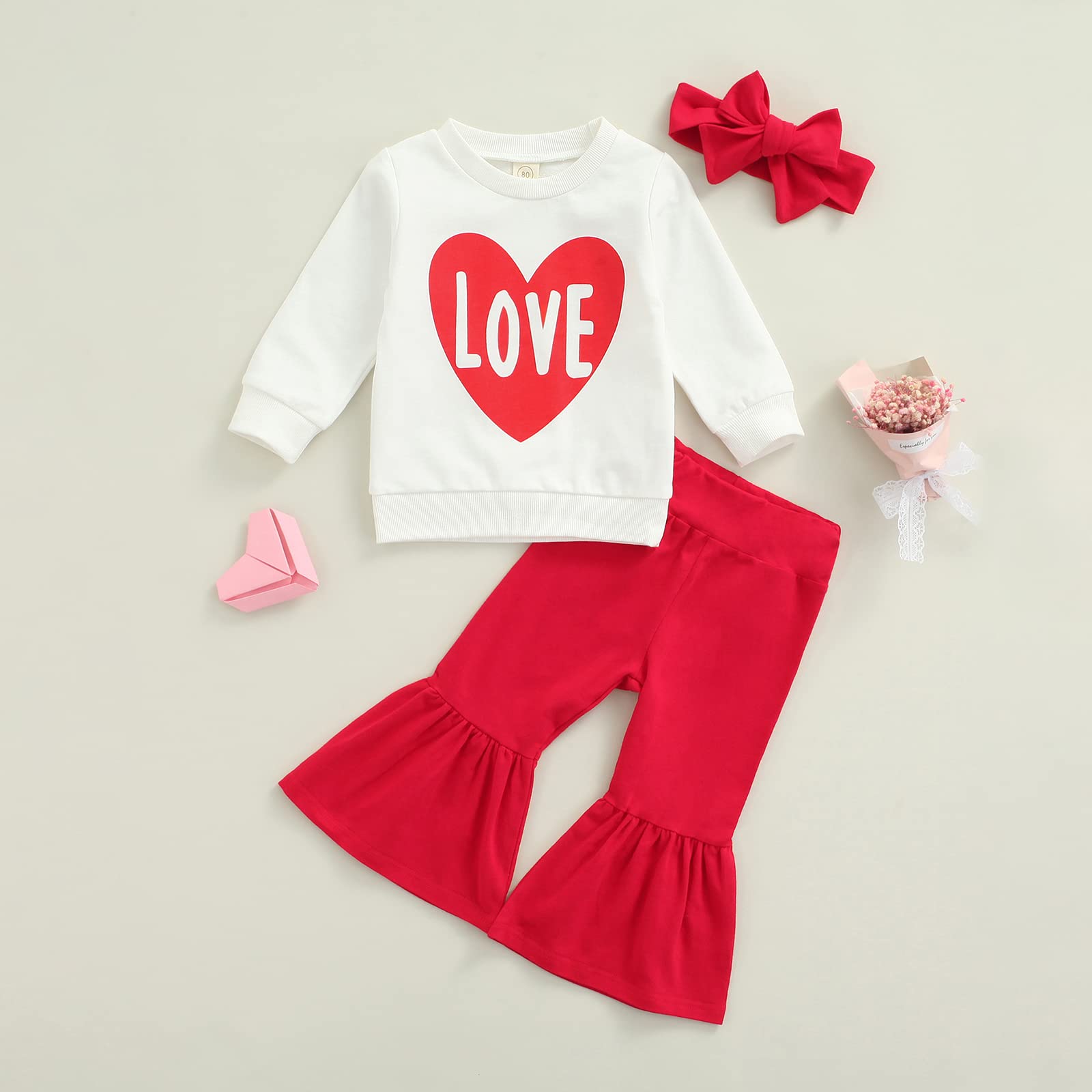 Toddler Baby Girl Valentine's Day Clothes Outfit Set 3Pcs Long Sleeve Love Heart Pullover Tops Flare Pants Headband (Love Heart Print,12-18 Months)