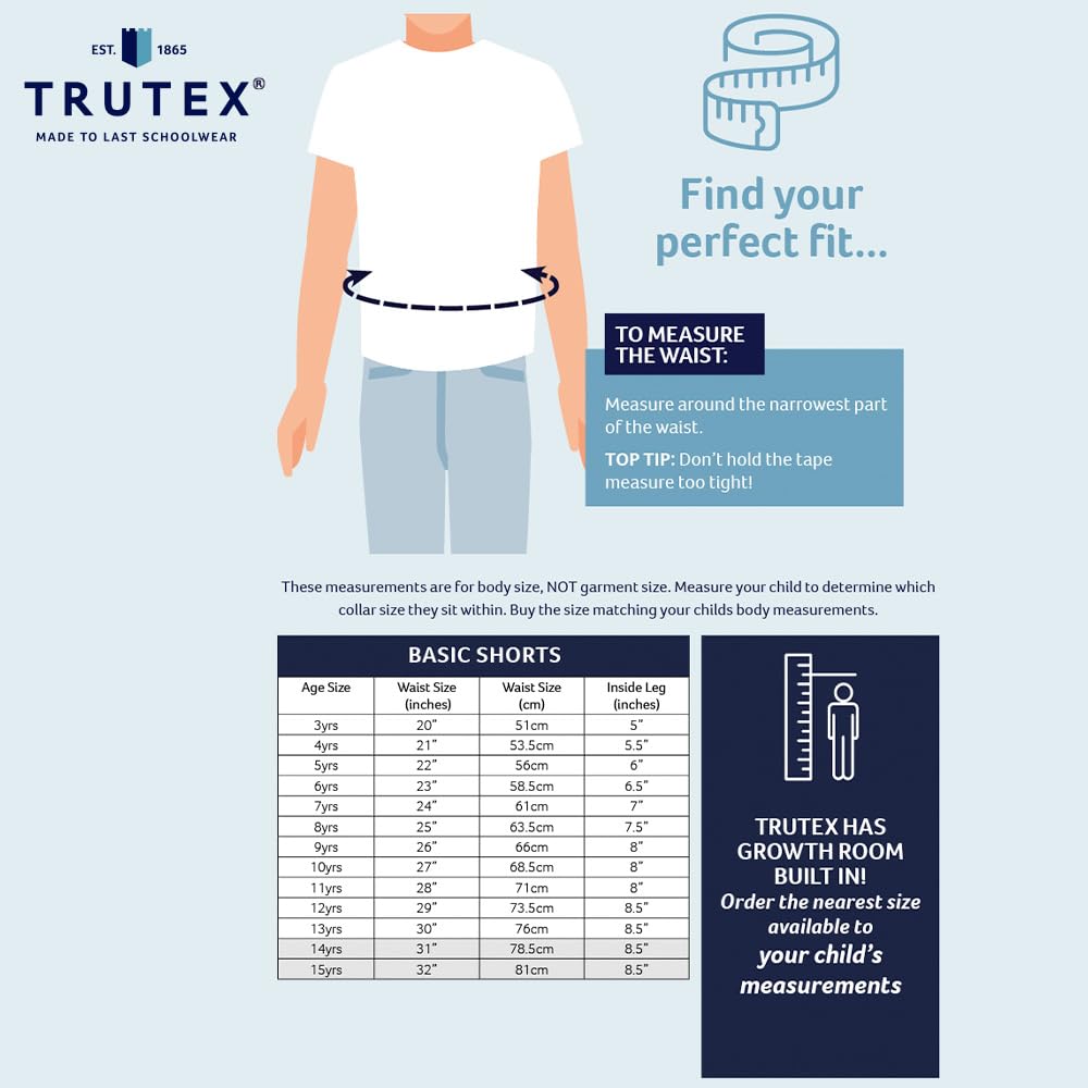 Trutex Basics 2 Pack Boys School Shorts (3-12 Years), Junior Boys Elasticated School Shorts, Slim Leg Pull On School Shorts Boys, Smart and Durable School Boys Shorts - Genuine School Uniform