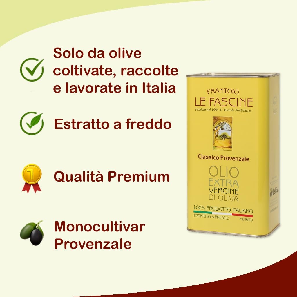 Le Fascine "Classico" - 100% italienisches Olivenöl, extra natives Olivenöl, kaltgewonnen, ungefiltert, 100% hergestellt von Monocultivar Provençal (2 x 3 Liter)