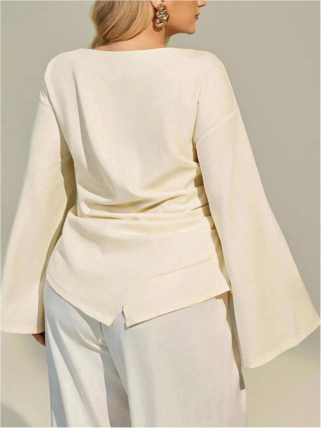 Floerns Women's Plus Size Blouses Dressy Casual Elegant Bell Sleeve Ruched Work Shirts