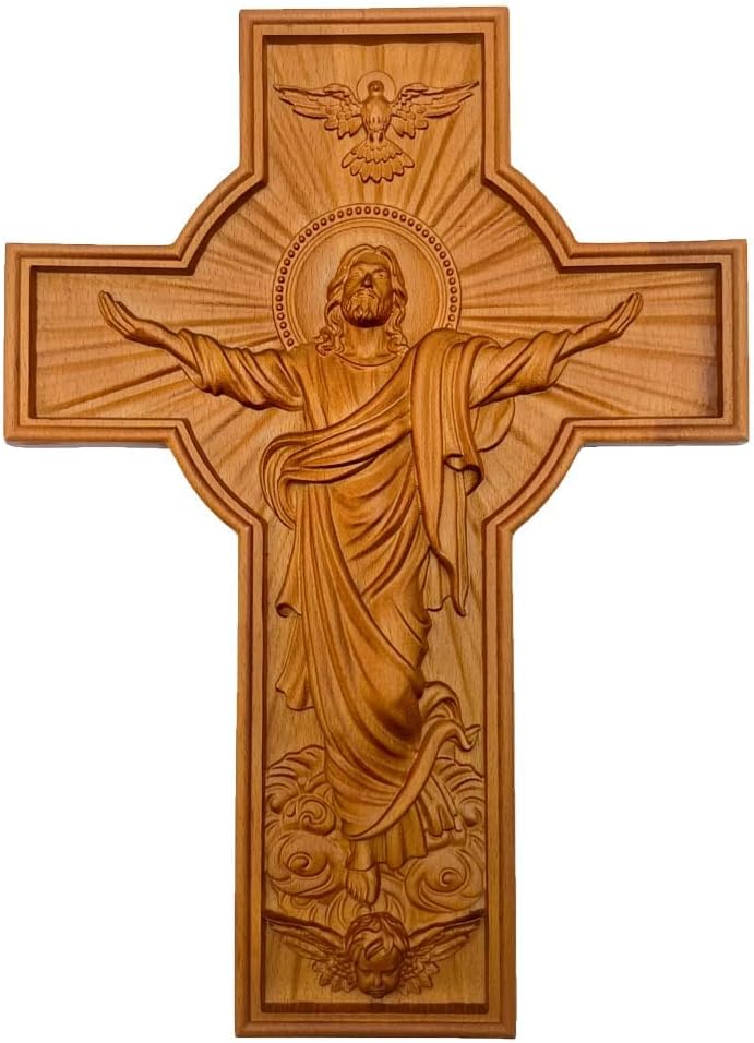 BGCOPPER Ascension of Jesus Wooden Cross Solid Wood Carving Religious Wall Decoration Christian Church Pendant Easter Gift (10 * 7 * 0.7inches)