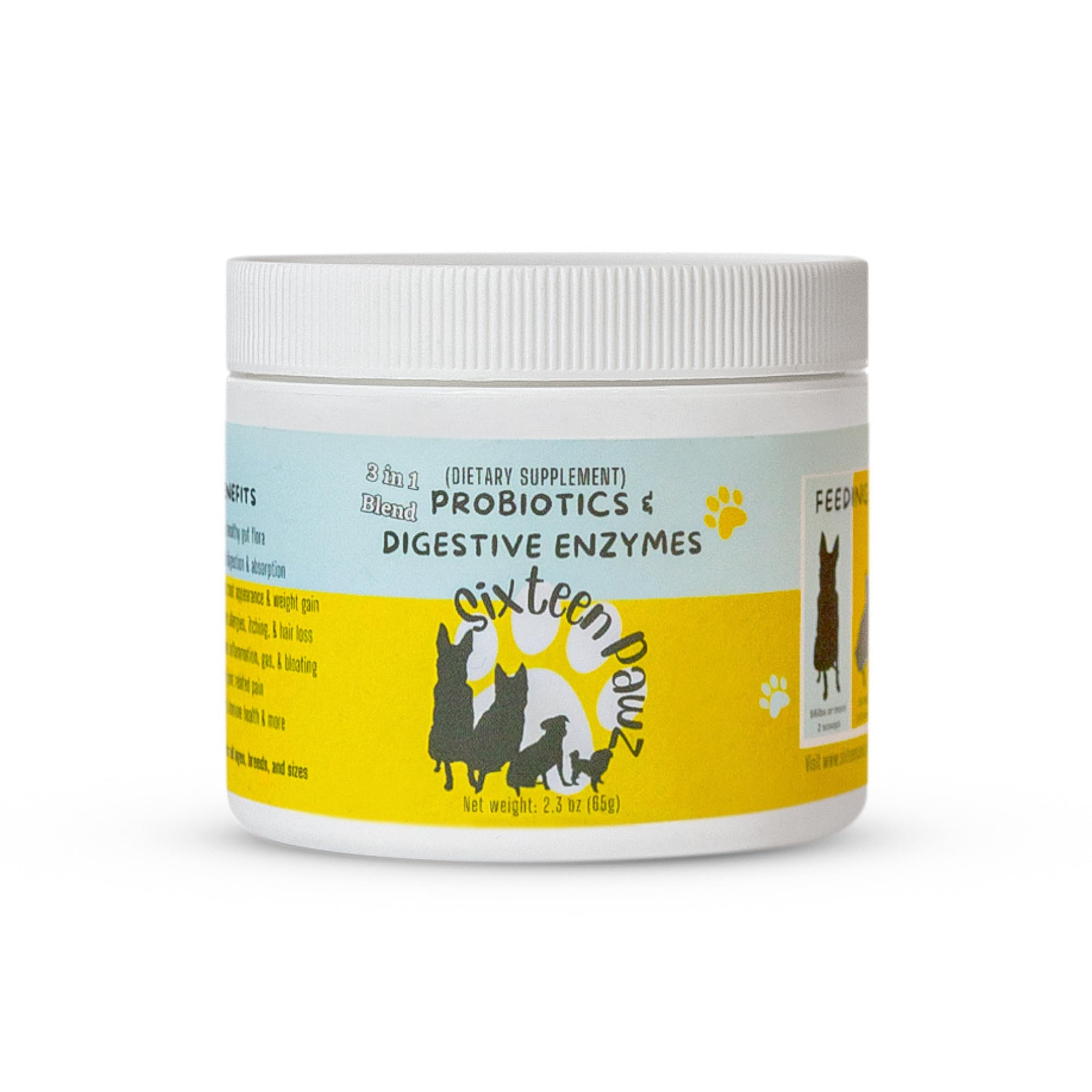 Sixteen Pawz Dog & Cat Probiotics, Prebiotics, & Digestive Enzymes – Flavorless Powder for Gut Health, Allergies, Itchy Skin, Gas & Diarrhea – Organic