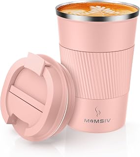 Momsiv Kubek termiczny, 380 ml, antypoślizgowy, kubek podróżny ze stali nierdzewnej, do kawy, z podwójnymi ściankami, izolacja próżniowa, szczelny kubek z pokrywką, do kawy na wynos, fioletowy