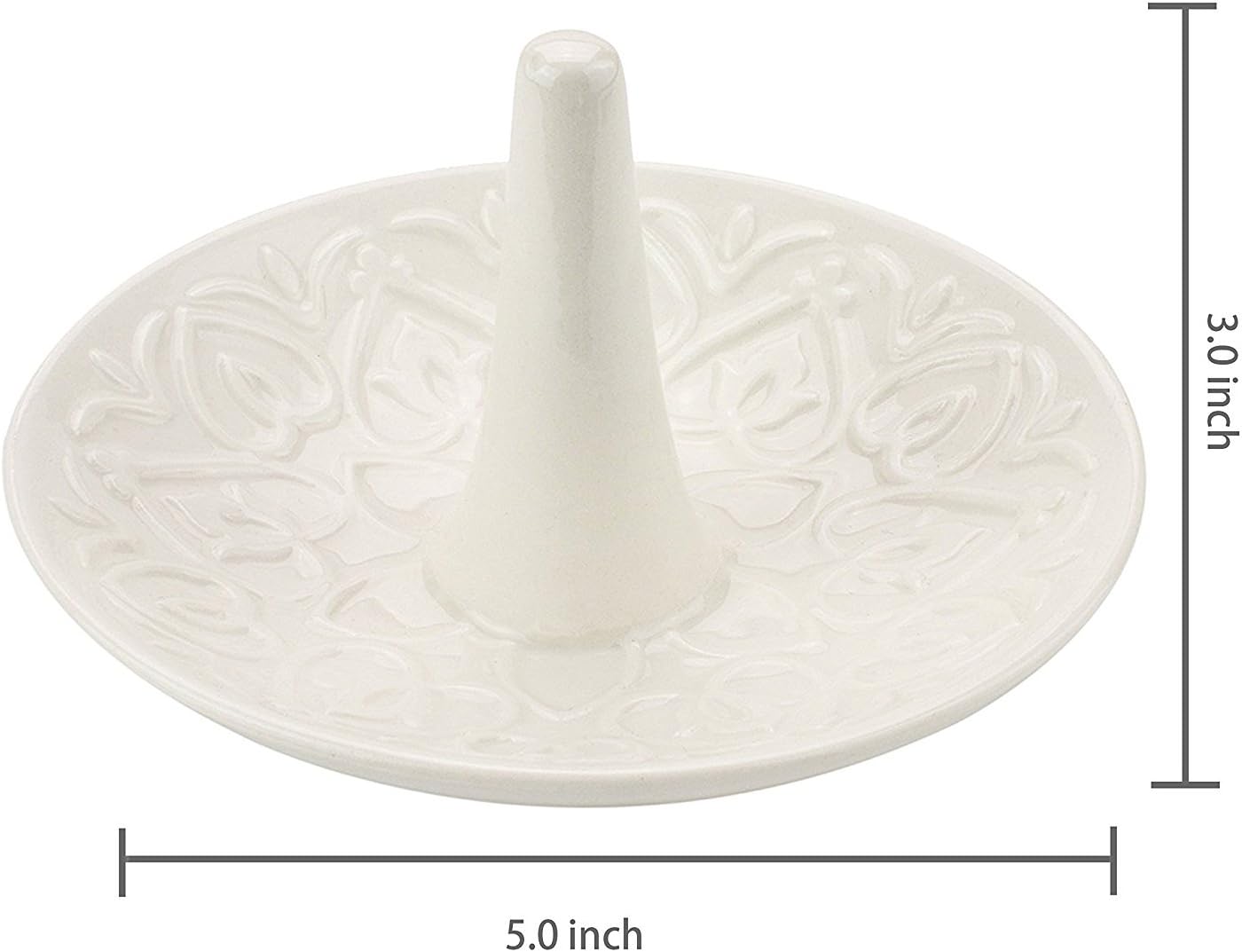 MyGift Decorative White Ceramic Ring Tray for Jewelry, Ring Cone and Trinket Tray with Raised Heart Design