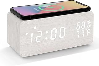 Lancoon LED-Wecker aus Holz mit Kabelloses Aufladen Temperatur und Luftfeuchtigkeit Anzeige Kalender Einstellbare Helligkeit Tonsteuerung für Schlafzimmer Zuhause Büro (Weiß)