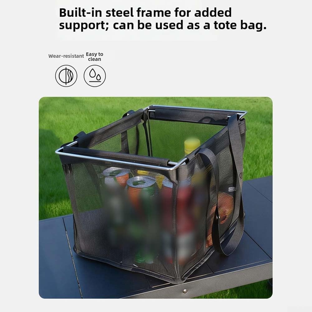 DAZZLEEX Borsa portaoggetti da campeggio per unità IGT cestino filtro a rete con tracolla in rete di poliestere telaio in acciaio inox pieghevole organizer da picnic per escursioni all'aperto