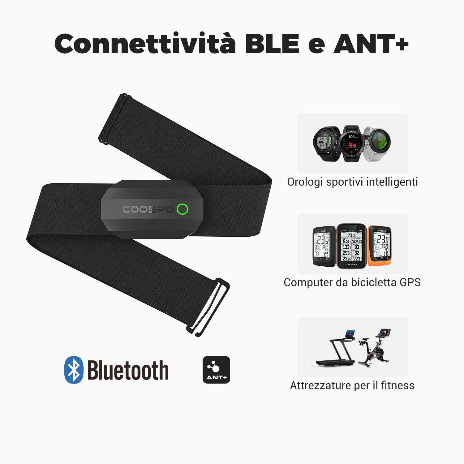 COOSPO H808S Fascia Cardio Cardiofrequenzimetro Fascia Toracica Bluetooth/ANT+, Sensore di Frequenza Cardiaca Impermeabile IP67 Compatibile con CoospoRide/wahoo fitness/strava/Pulsoid
