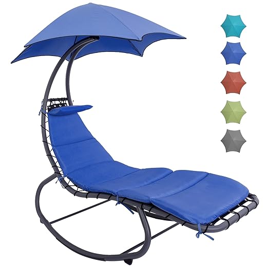 Lazy Daze Hammocks Patio Hanging Chaise Lounge Chair, Outdoor Rocking Lounger Chair w/Arc Stand, Built-in Pillow and Removable Canopy for Poolside Backyard Garden Lawn, 450LB Capacity (Royal Blue)