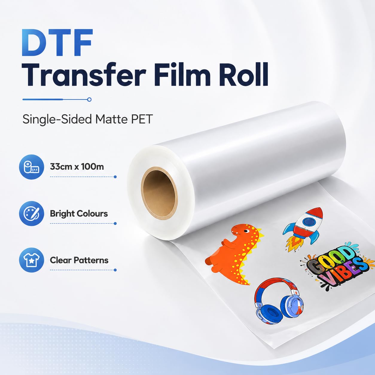 DTF rolka folii transferowej, 33 cm x 100 m przezroczysta obróbka wstępna DTF papier transferowy jednostronnie poddany obróbce wstępnej PET papier do przenoszenia ciepła do toreb, bezpośrednio