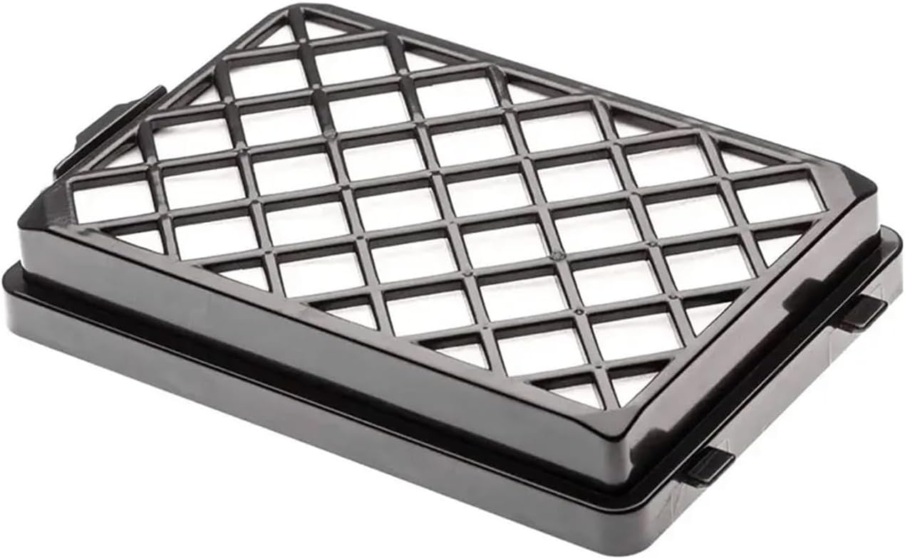 Top view of a white pleated filter in a black frame with a protective grid.