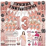 13 geburtstag mädchen dekoration geschenk - (76pack) Roségold party Banner, Wimpel, Spiral Girlanden, ballons, Lametta Vorhänge, Cupcake Topper, Pappteller, Foto Requisiten, Geburtstag Schärpe