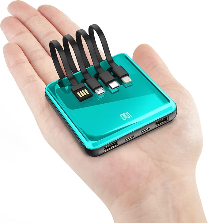 Power Bank with Built in Cables, 10000mAh Slim Portable Charger LED Display, Small External