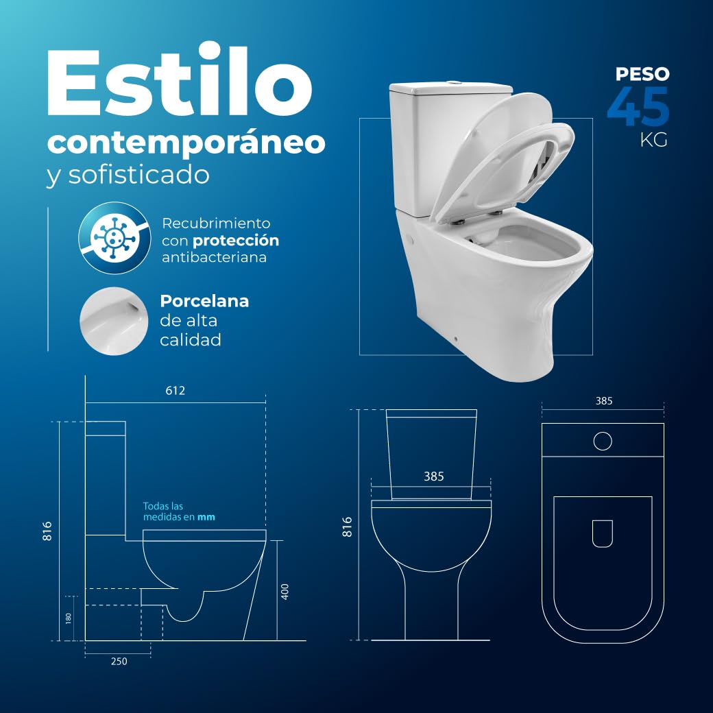 Inodoro Completo - WC Inodoro Completo con Sistema Rimless Antibacterias - Vater Baño con Tapa UF Termodurente Amortiguada - Inodoro Salida Dual Eficiente con Ahorro de Agua - WC para Hogar Blanco