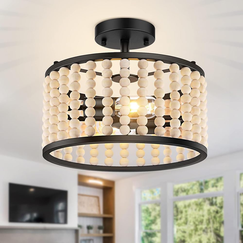 Amerykańska lampa sufitowa w stylu retro do sypialni, 12,6 cala, boho, na korytarz, werandę, z kutego żelaza, z litego drewna, odpowiednia do kuchni, balkonu, hotelu, miejsc komercyjnych