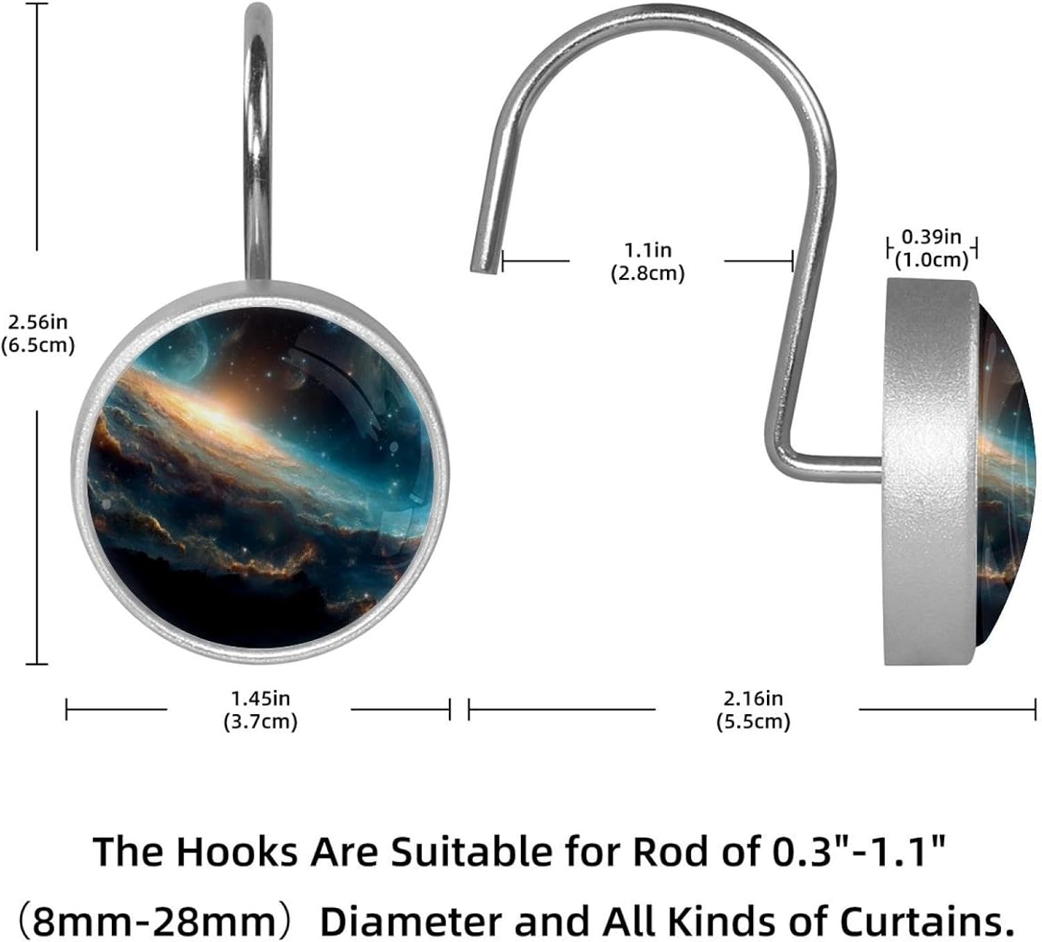 12PCS Galactic Space Universe Shower Curtain Hooks Rings for Bathroom, Decorative Shower Curtain Hooks Rods Curtains and Liner