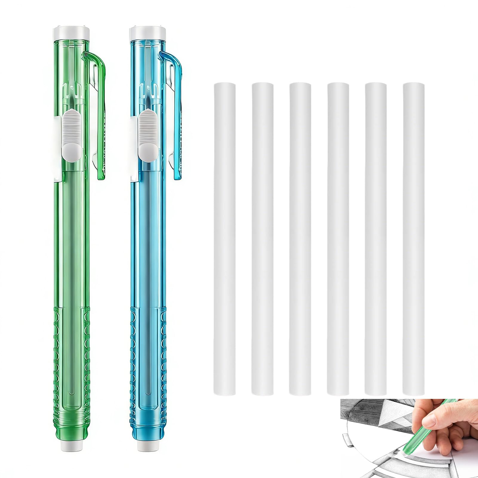 2 Piezas Gomas de Borrar Estilo Boligrafo, Borrador Mecanico Retractil con 6 Recambios para Dibujo Escritura Oficina Escuela, Lapiz Borrador Mecánico de Precisión para Lápiz Bocetos Cuaderno Papelería