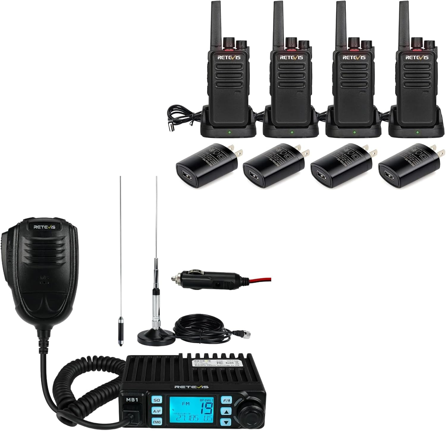 Retevis RT68 Walkie Talkies for Adults, Walkie Talkie Rechargeab(4 Pack) Bundle with Retevis MB1 AM/FM CB Radio, Noise Reduction, VOX, 1200mAh Battery, 2 Way Radios Long Range for Hunting Road Trip
