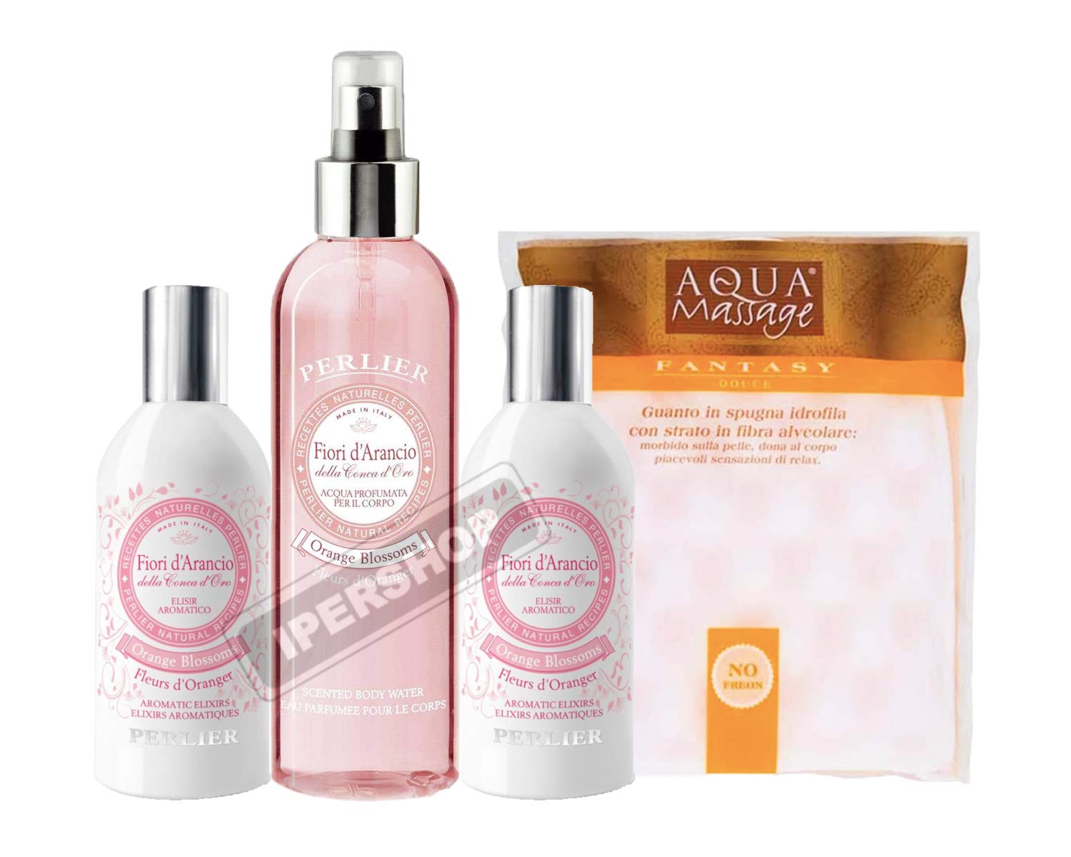 SET PERLIER FIORI D'ARANCI: 2X PROFUMO 100 ML+ ACQUA PROFUMATA 200 ML + GUANTO SPUGNA
