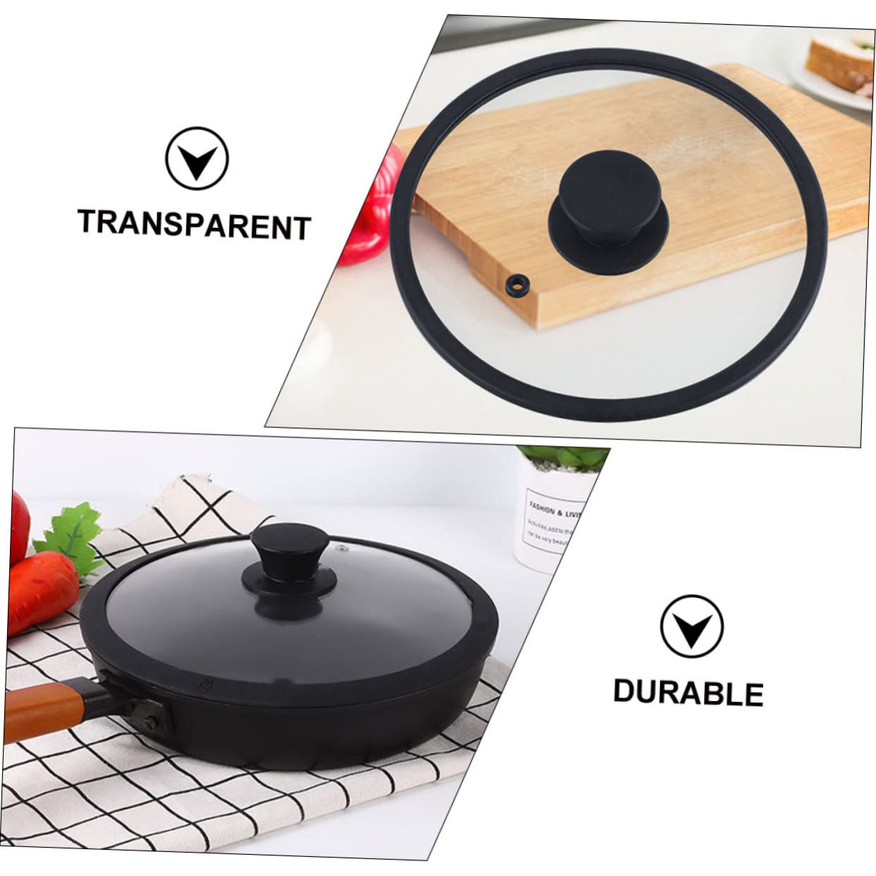 Couvercle de Pot Transparent Rond en Verre Trempé Noir Bord Silicone