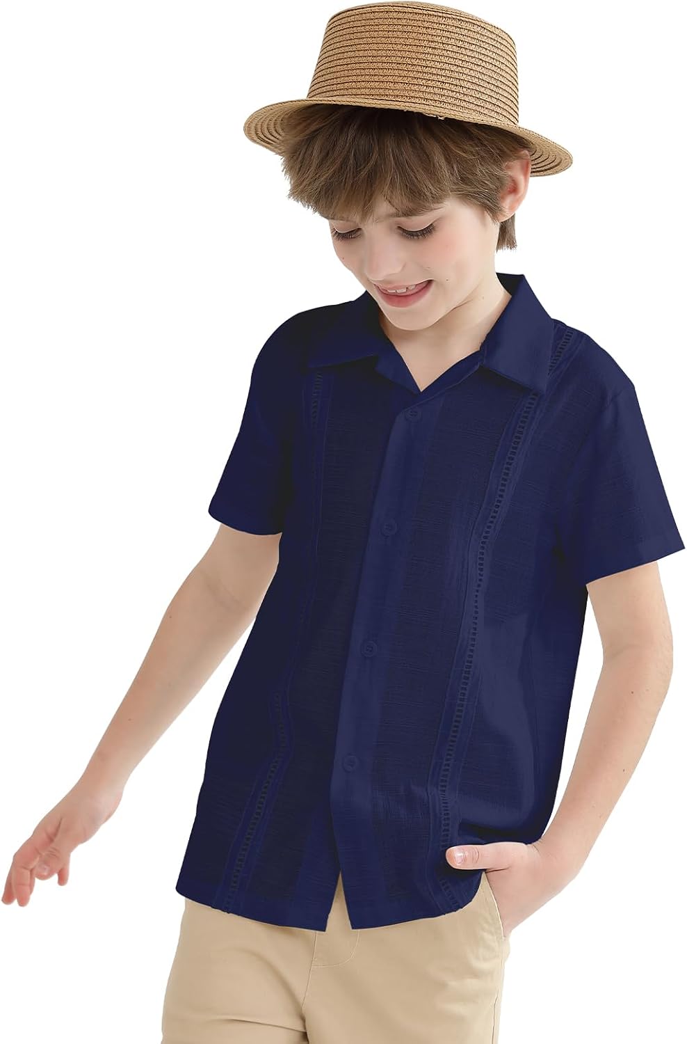 OEBLD Boys Cuban Guayabera Shirt Short Sleeve Button Down Shirts V Neck Cotton Linen Shirts - Image 5