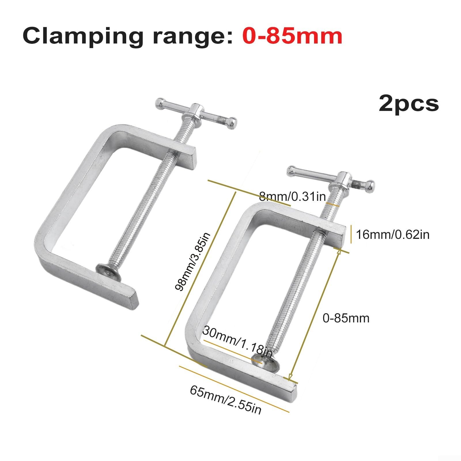 2Pcs C-Clamp, G Clamps For Woodworking, Small C Clamps with T-Bar Handle for Woodworking, Welding, Building(0-85MM)