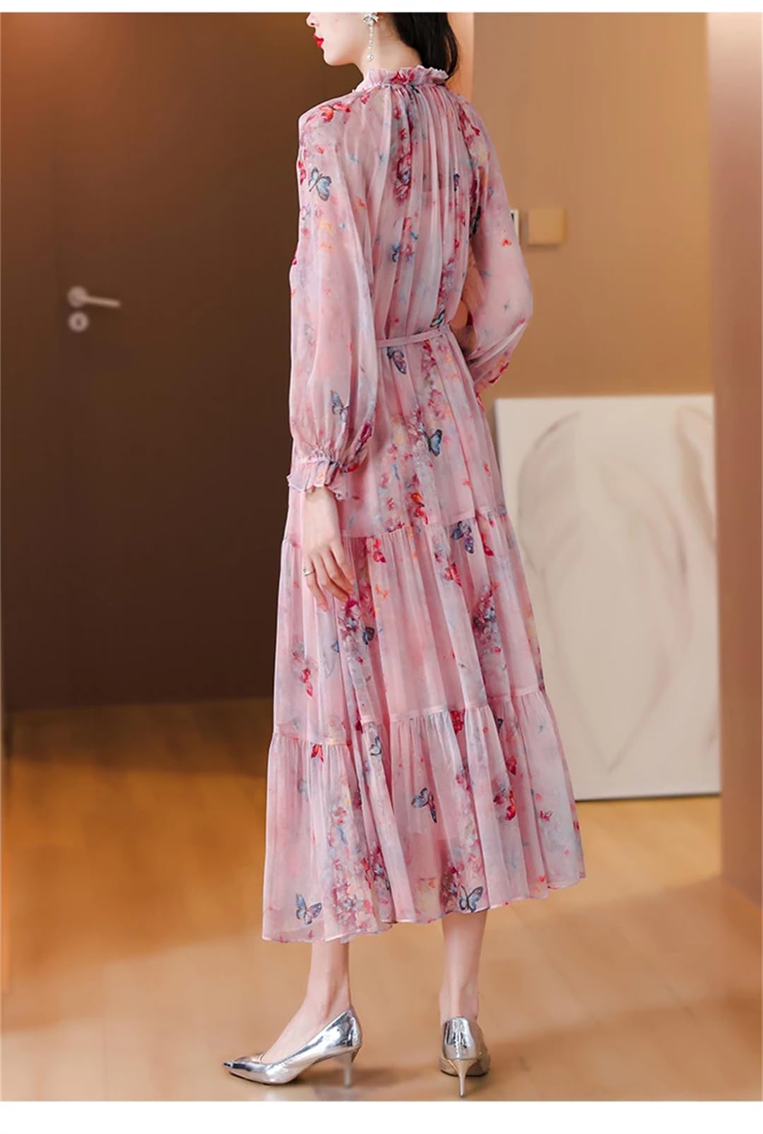 Vestido bohemio de gasa con estampado floral para mujer, casual, vintage, cuello en V, manga larga, vestido midi