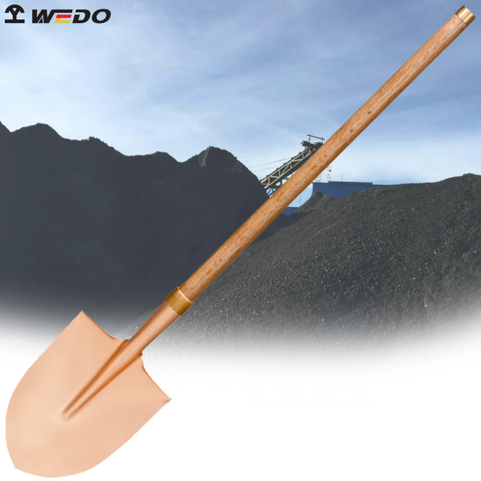 WEDO Pala de punta redonda sin chispas con clip de bloqueo, pala de transferencia, mango de madera de 47 pulgadas de largo con aro de bronce, herramienta de excavación de seguridad, cobre berilio, no