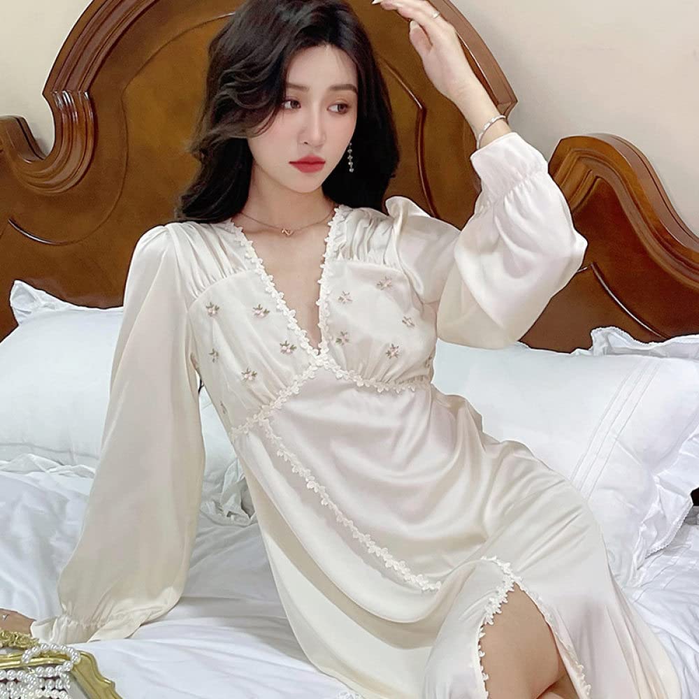 Nachthemd,Damen-Nachthemden, Beige, Satin, V-Ausschnitt, Florale Spitze, Schlitz, Sexy Schlafhemd, Weiches, Bequemes, Langärmliges Nachthemd, Loungewear Für Damen, Mädchen, Pyjama-Party, Weihnach