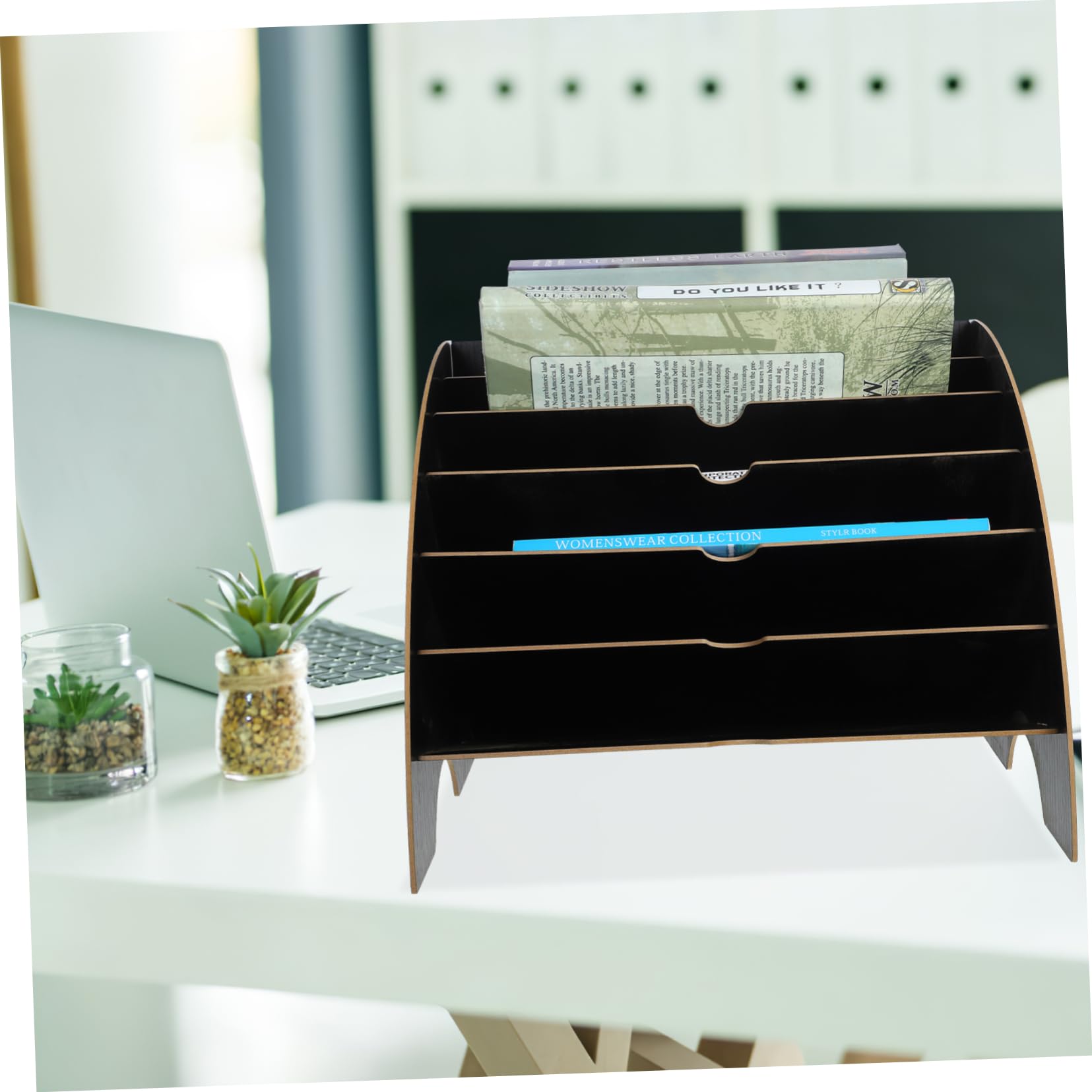 Organizzatore Documenti da Scrivania in Legno, A4, Nero, Impilabile | Capienza Ampia, Design a Livelli, Ordinamento, Risparmio Spazio, per Fogli e Fascicoli