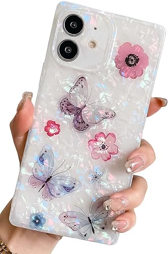 KERZZIL Funda rectangular con bonito diseño de perlas brillantes compatible con iPhone 11, elegante, delgada, translúcida, mariposa, suave TPU para