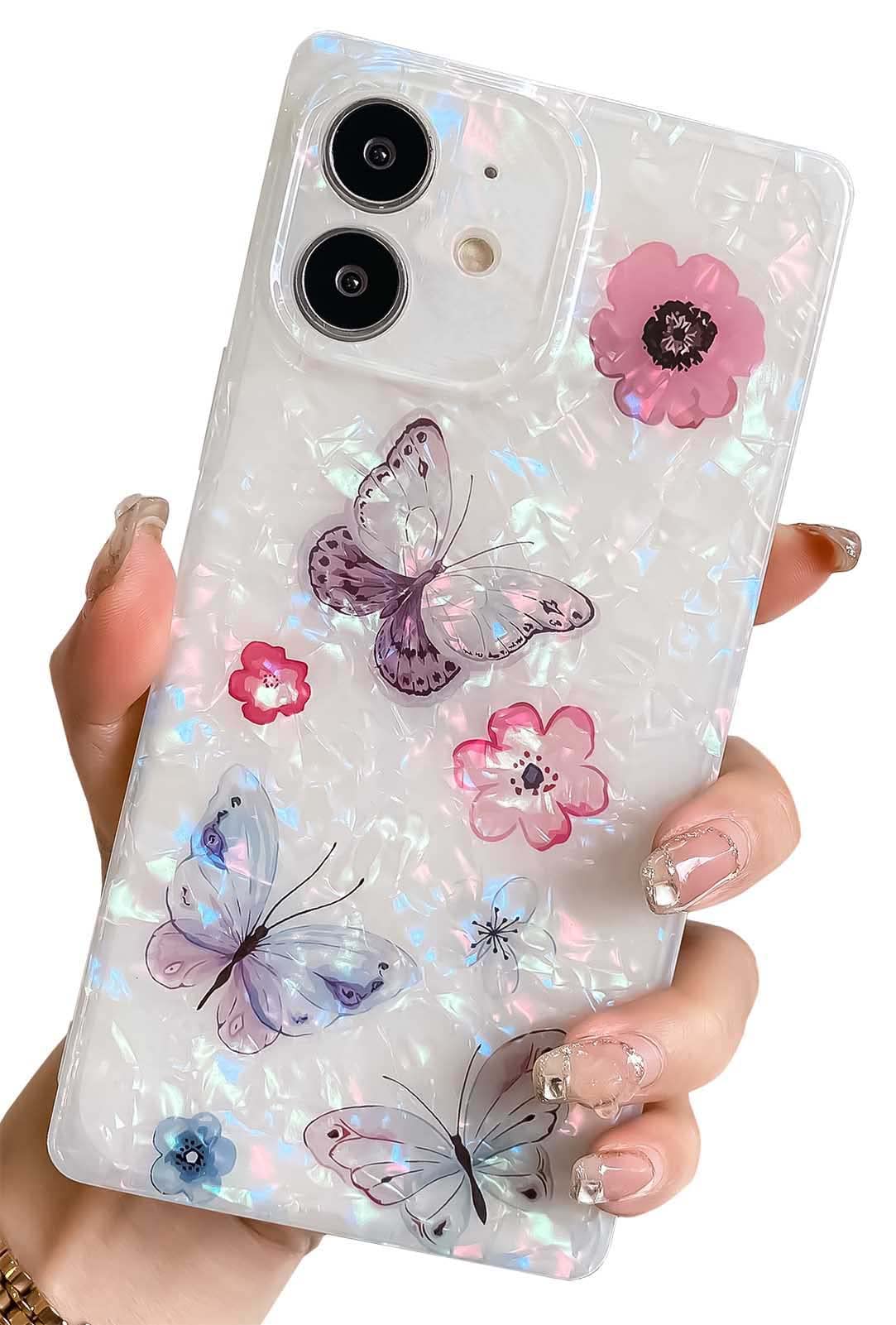 KERZZILCute Pearl Sparkle Glitter Pattern Compatible with iPhone 11 6.1-inch Square Case,Chic Slim Translucent Butterfly Soft TPU Camera Lens Drop Protection Cases Cover(Butterfly)