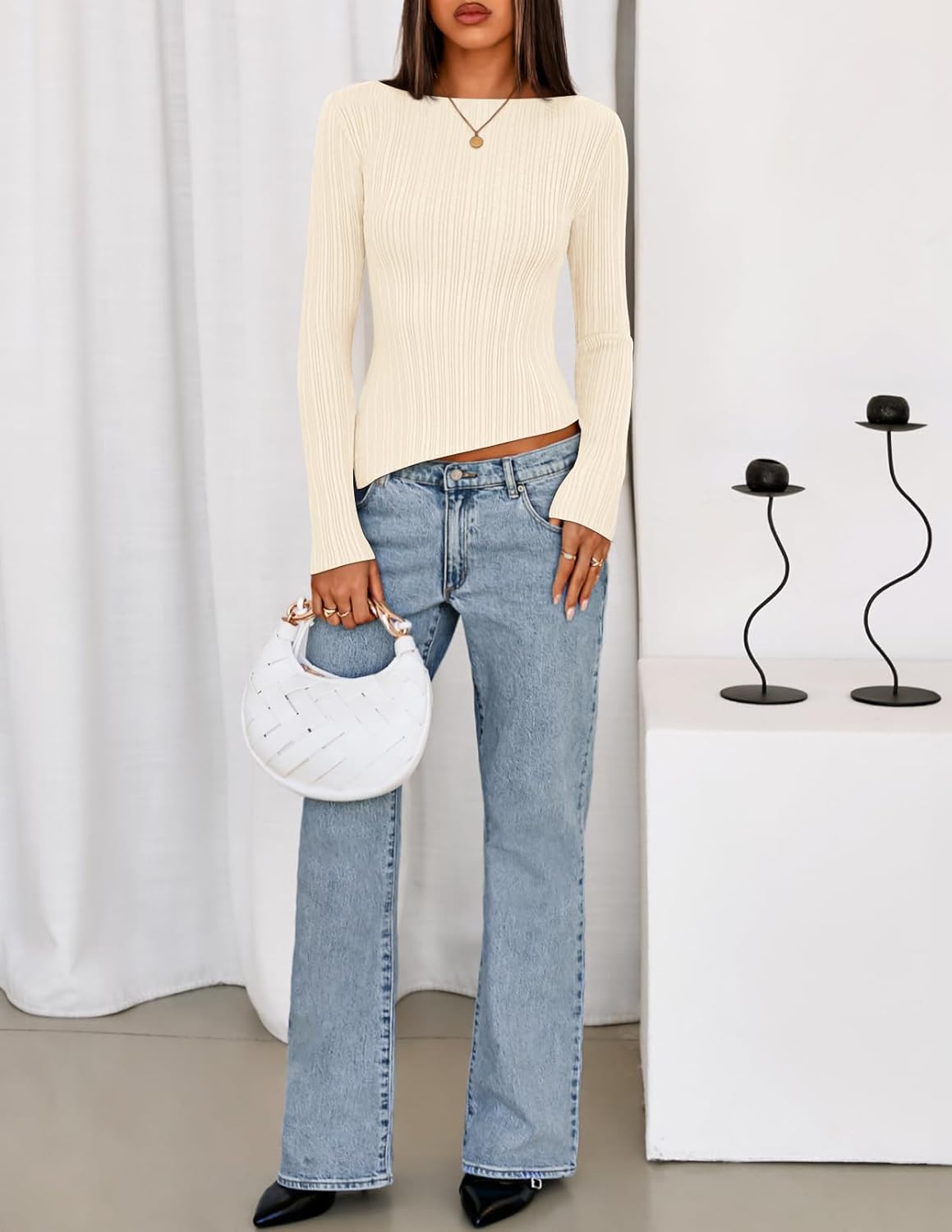 MEROKEETY Women's Fall Long Sleeve Sweater Tops 2025 Boat Neck Ribbed Asymmetric Lightweight Knit Shirts - Image 2