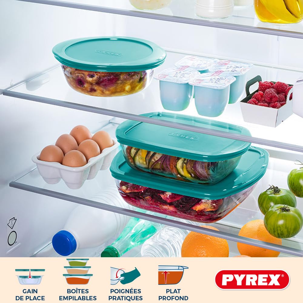 Pyrex Cook & Store - Lot de 3 Boîtes de Conservation Rectangulaires en Verre avec Couvercles - 0.4L, 1.2L, 2.6L - Verre Borosilicate- Larges Poignées - Idéal pour Conserver des Plats - Made in France
